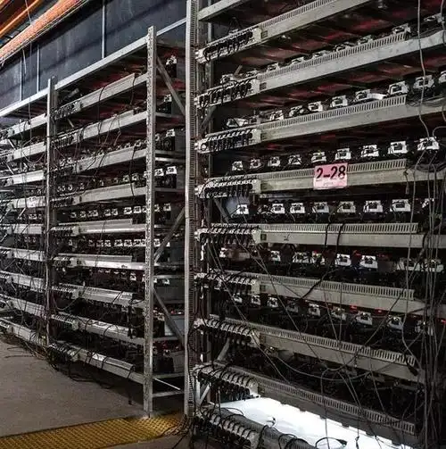 A bustling mining farm hosting rows of energy-efficient GPU rigs for optimal cryptocurrency extraction