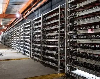 An overview of a bustling mining farm, illustrating how stable networks keep operations running smoothly amidst rows of powerful mining rigs